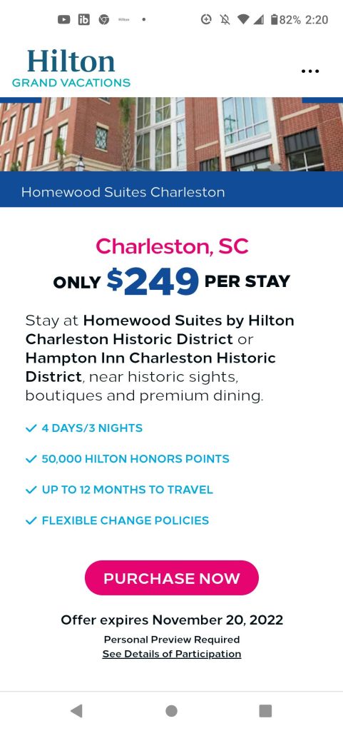 50K point Charleston SC Hilton Grand Vacations Package 0ffer