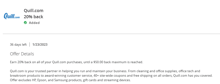 chase offers Quill 20% off up to $250